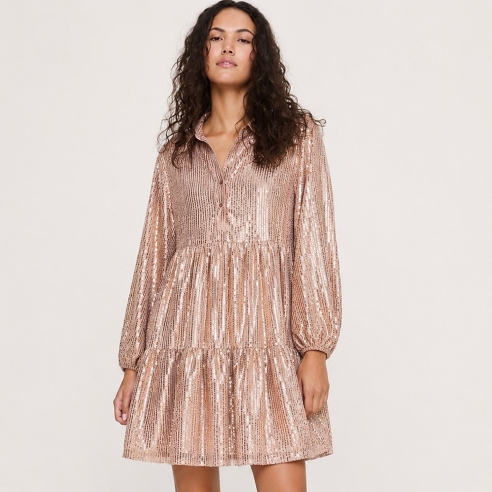 NWT! Anthropologie Maeve Bettina Sequined Tiered Mini Shirt Dress 🎆
